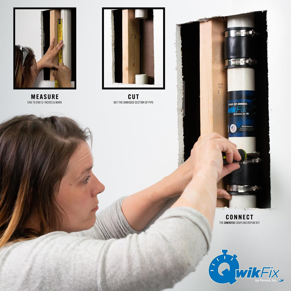 Fernco QwikFix Broken Pipe 4" Coupling Repair Kit for Plastic, Cast Iron and Steel Pipes in Black