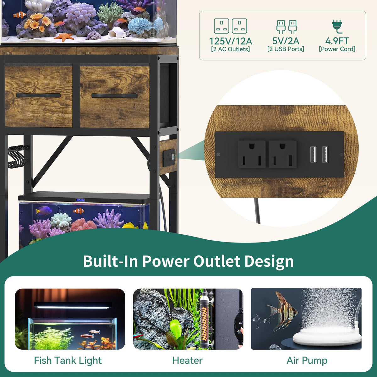 5-10 Gallon Fish Tank Stand with Power Outlets & Storage HAS021SSR