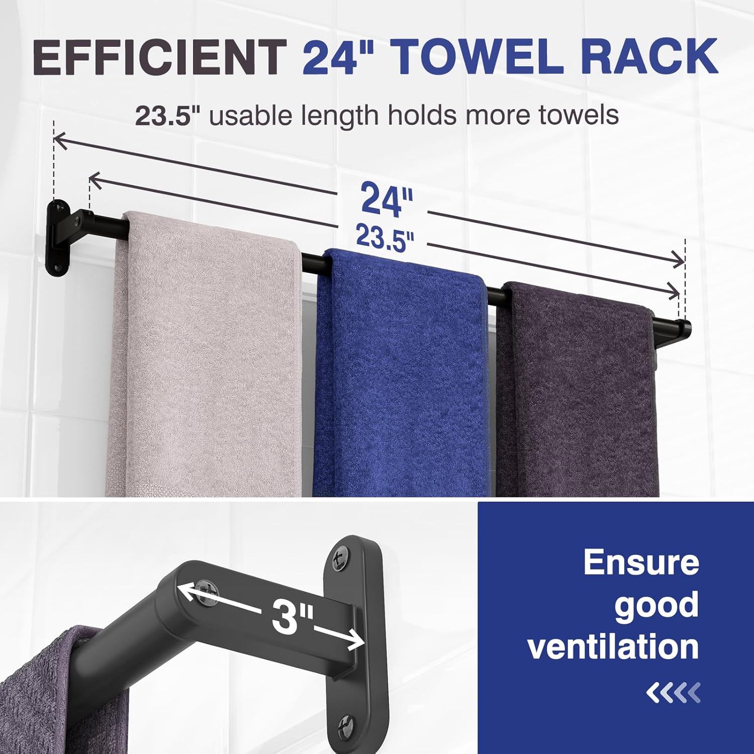 Matte Black Towel Rack for Bathroom - 24" Rustproof Towel Holder, Sturdy Towel Bar Wall Mounted, Space-Saving Towel