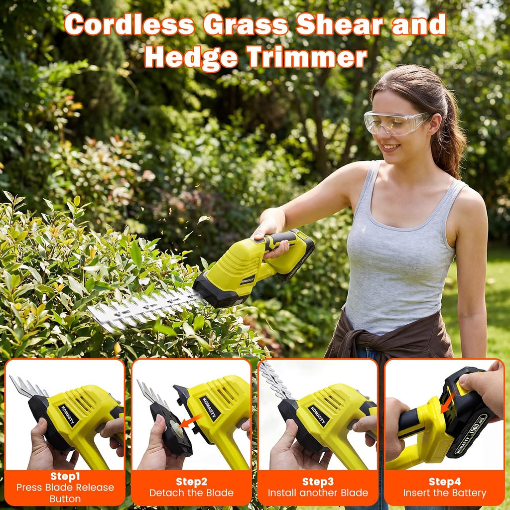 20V Hedge Trimmer Cordless with 2 Battery and Charger, 2 In 1 electric Hedge Shears, Shrub Trimmers with 2 Blades