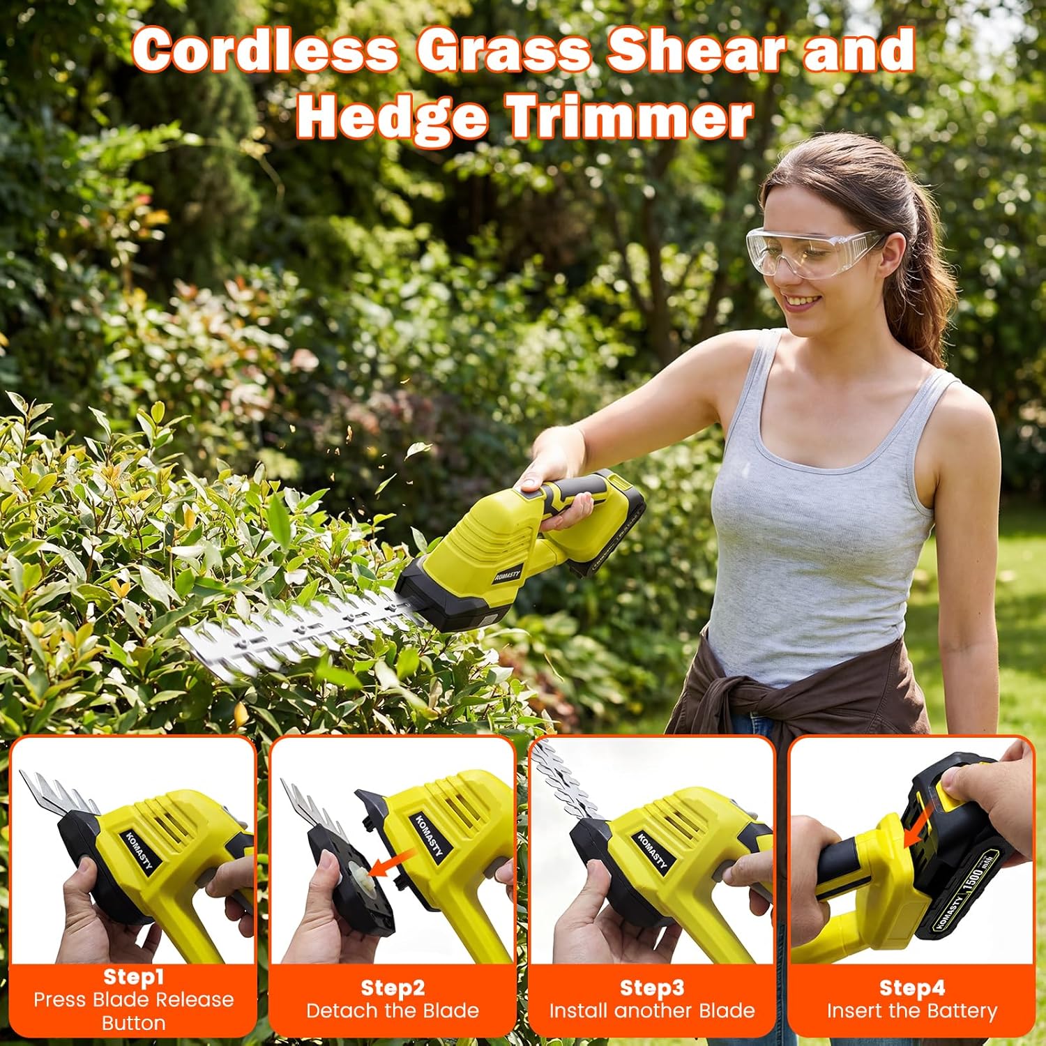 20V Hedge Trimmer Cordless with 2 Battery and Charger, 2 In 1 electric Hedge Shears, Shrub Trimmers with 2 Blades