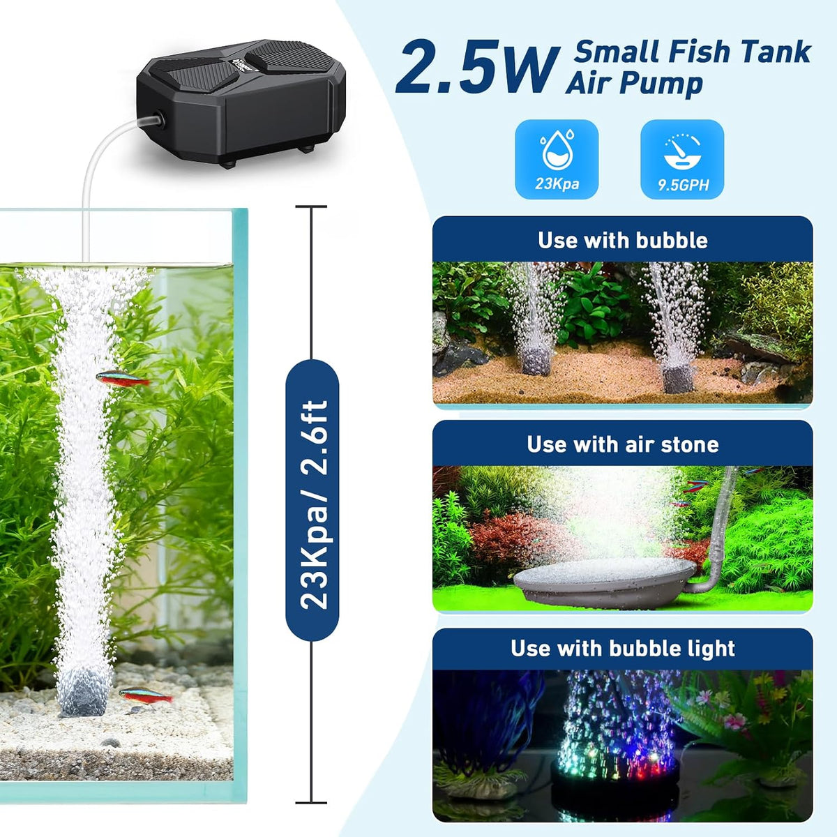 Aquarium Air Pump, Ultra Quiet Oxygen Aerator with Air Stone Airline Tubing Check Valve, Aquarium Fish Tank Air