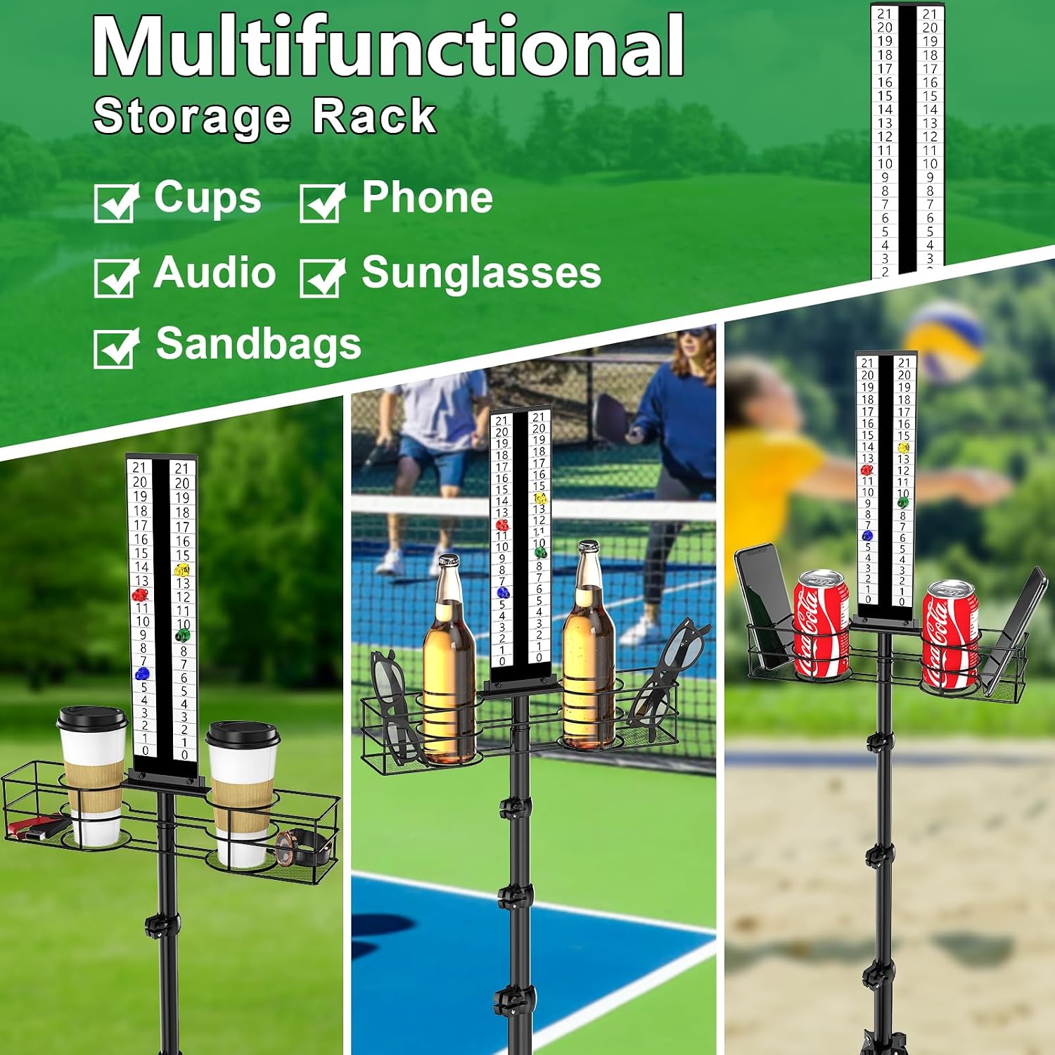 Cornhole Scoreboard with Drink Holder, Height Adjustable Foldable Cornhole Score Keeper with Storage Rack Includes 4