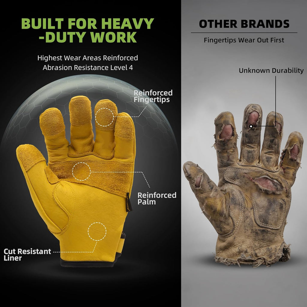 ANSI A9 Cut Resistant Leather Work Gloves, PM3401 Cut Proof Gloves, Reinforced Fingertips & Palm Cowhide Work Gloves