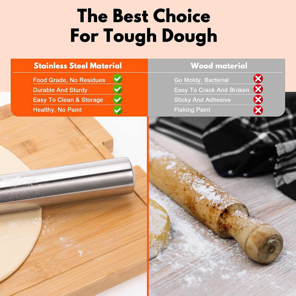 100% Stainless Steel Rolling Pins for Baking 16.5" Large Dough Roller Pin