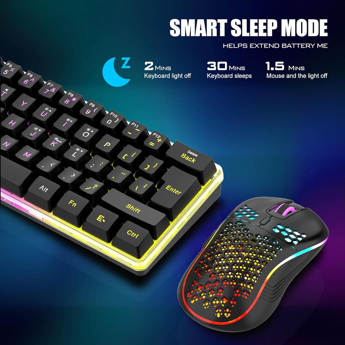 60% Wireless Gaming Keyboard and Mouse Combo, 2500mAh Rechargeable Battery, Ultra-Compact Small RGB Mechanical Feel
