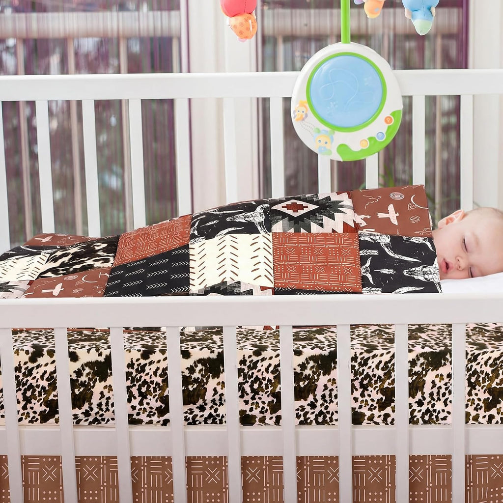 3 Pcs Western Cowboy Baby Crib Bedding Western Quilt Fitted Sheet Skirt Soft Flannel Nursery Bedding for Baby Boys