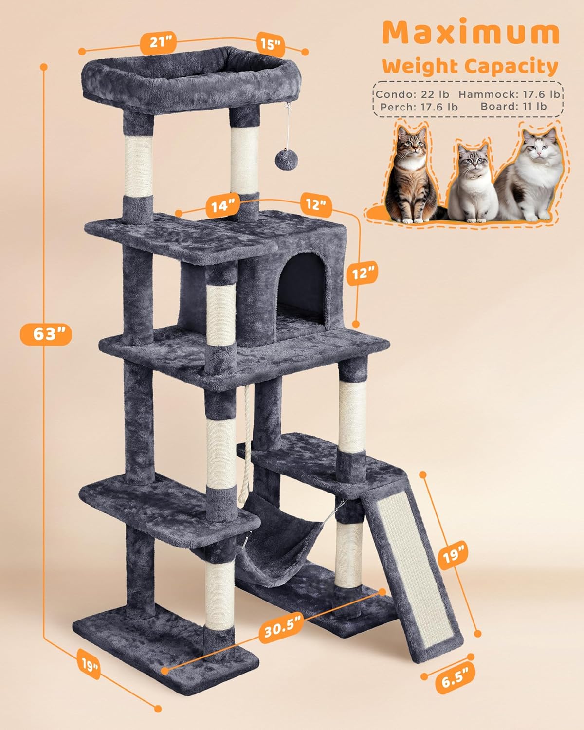 Yaheetech 63in Large Cat Tree for Heavy Cats up to 22lbs, Anti-Wobble Tower with Condo & Hammock, Space-Saving for