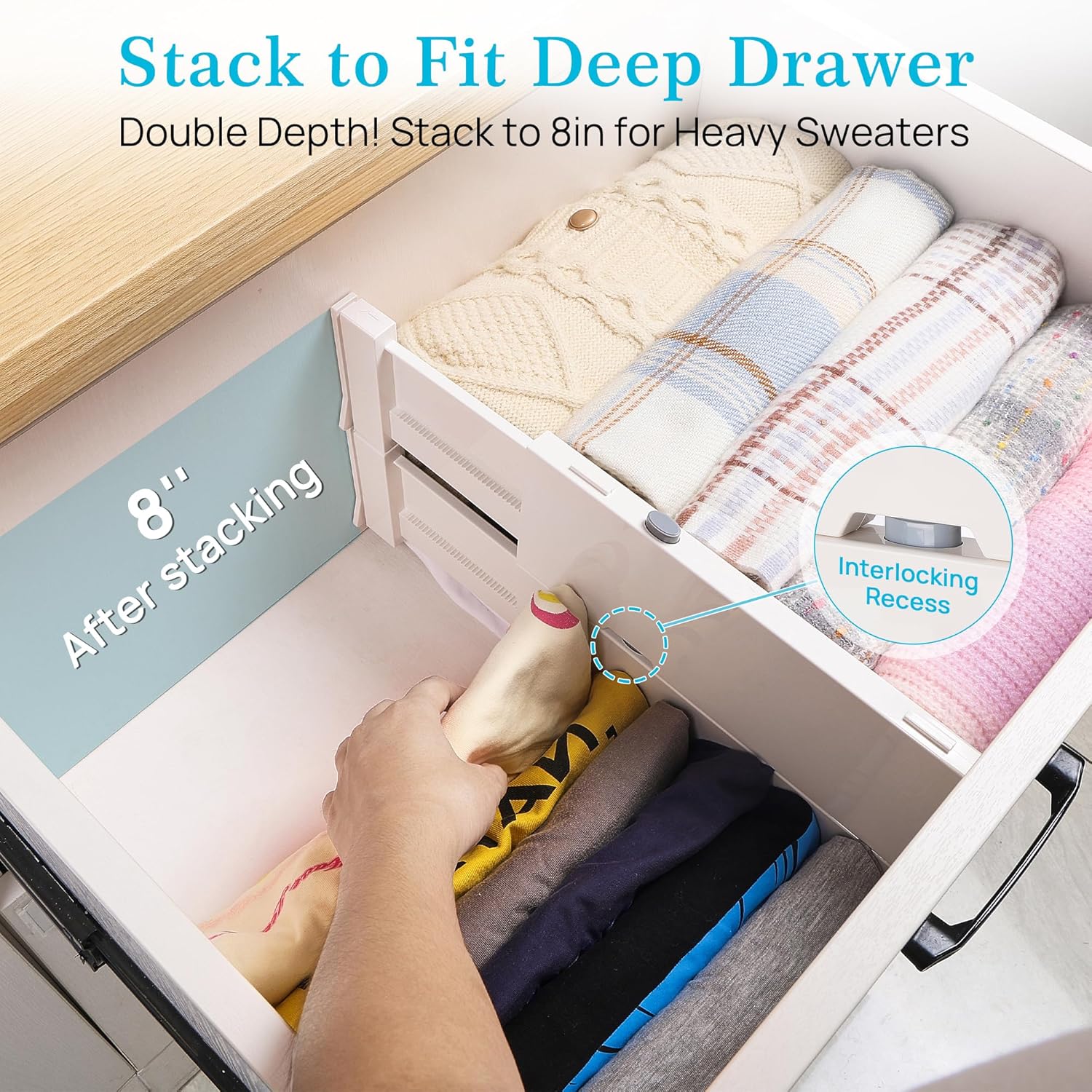 Drawer Dividers for Clothes 8 Pack, Adjustable 4" High Expandable from 11.3"-17" Dresser Drawer Organizer, Plastic