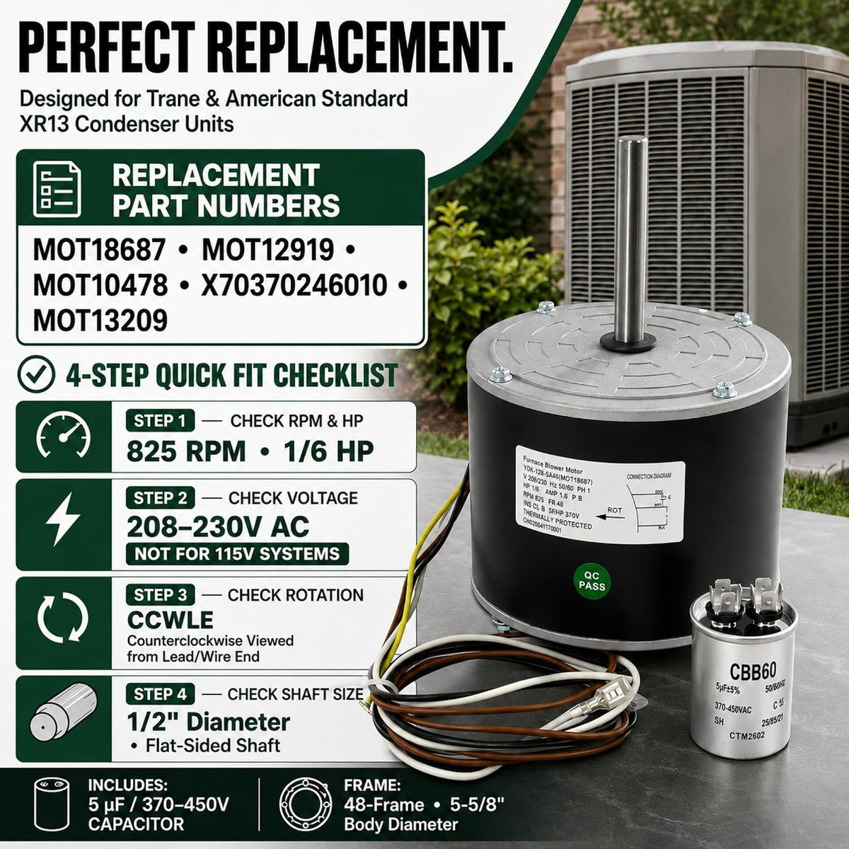 MOT18687 Condenser Fan Motor for Trane & American Standard 1/6 HP 825 RPM