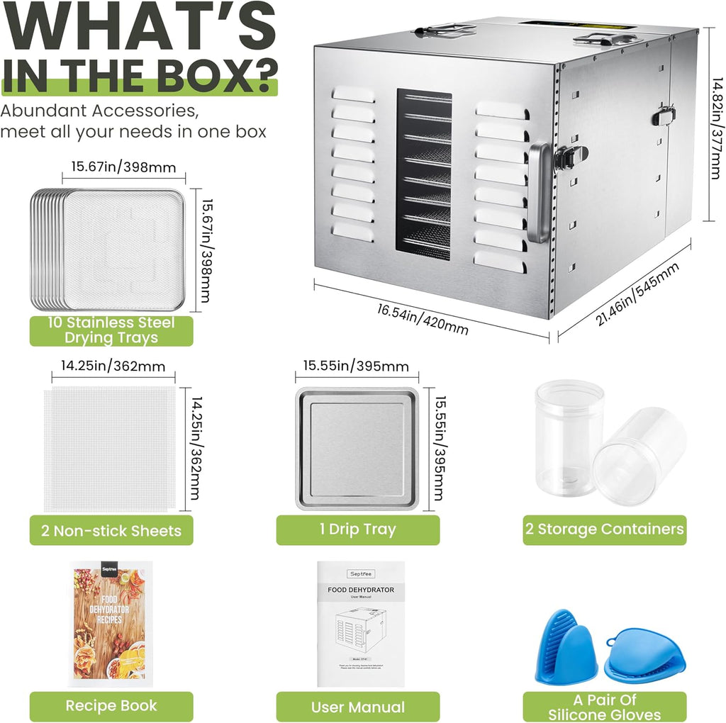 Commercial 10 Trays Food Dehydrator Machine for Jerky and Herbs Usable Area up to 24.65ft² and 194℉ Temperature 1000W