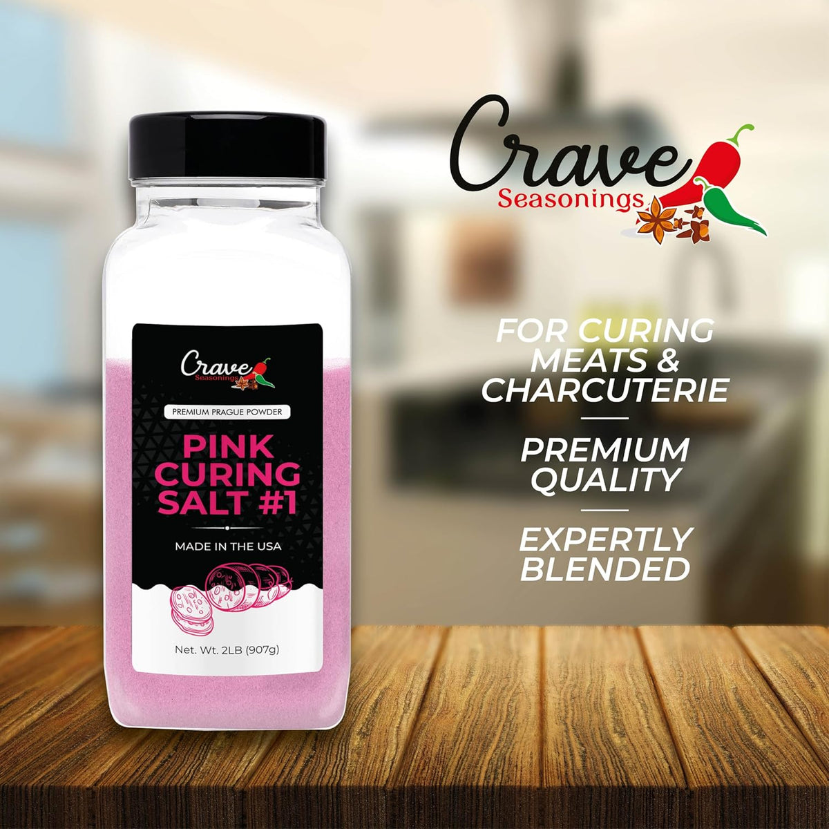 Crave Pink Curing Salt #1 2.0 LB JAR - Prague Powder, Instacure #1- Made in USA, Premium Cure for Sausage, Bacon