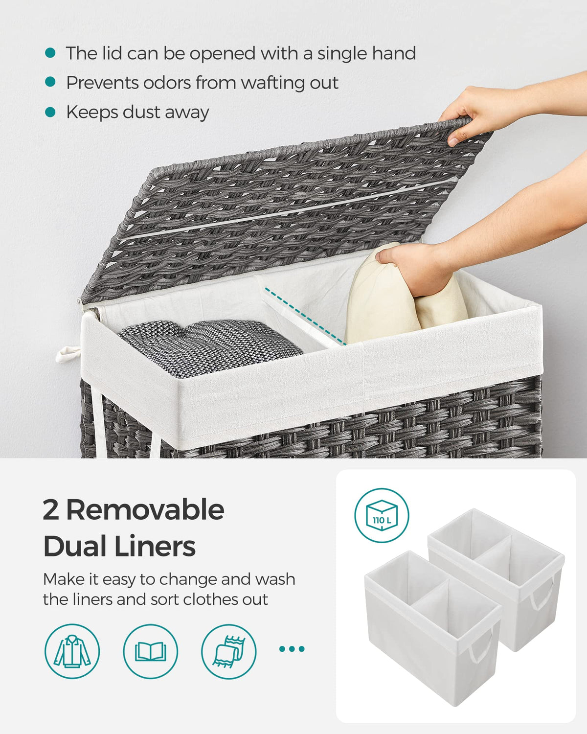 Laundry Hamper with Lid, 110L Double Wicker Basket, 6 Mesh Bags