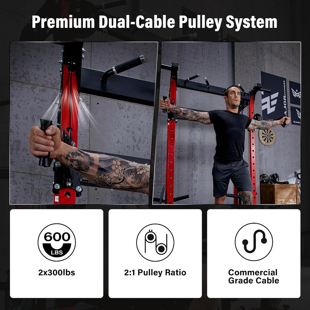 F22 Power Rack, 1600lbs All-in-One Squat Rack with Dual Pulley System, Heavy-Duty Steel Frame, Attachments & Storage