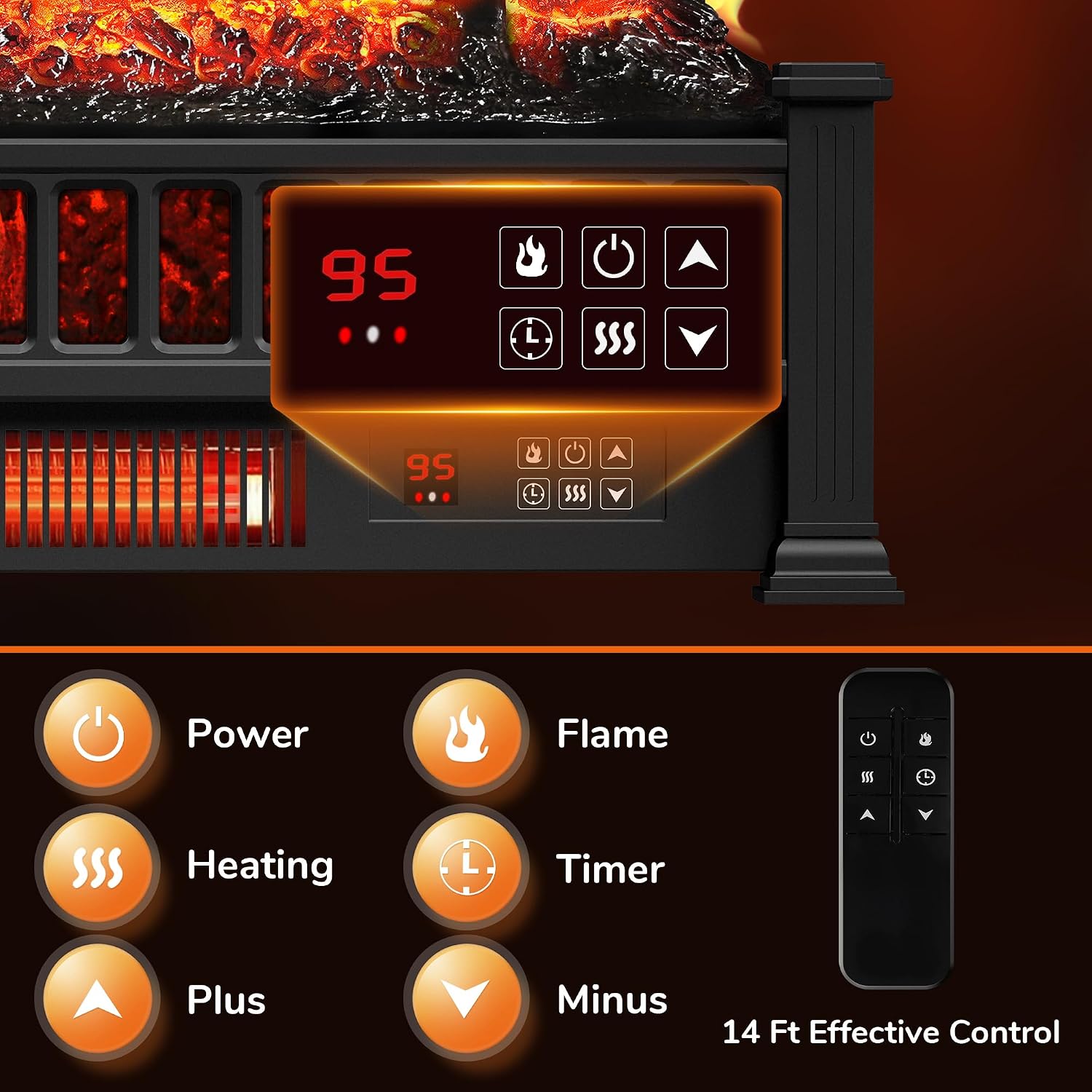 20" Electric Fireplace Logs Inserts Heater with Remote Control | 5 Adjustable Flame Colors & Speeds, Realistic Fake