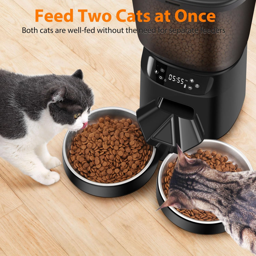 Automatic Cat Feeders for Two Cats, 5L/20 Cups Double Automatic Cat Food Dispenser with 2 Stainless Bowls, Timer