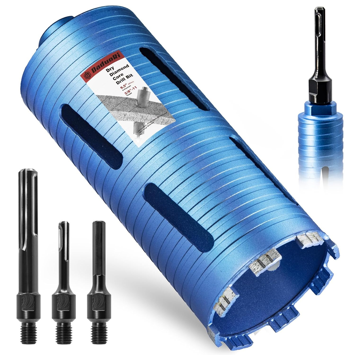 4 1/4" Dry Core Drill Bit, 5/8"-11 Thread, with 3 Adapters Included: SDS Plus, SDS Max and 1/2" Hex Shank, 9.5"