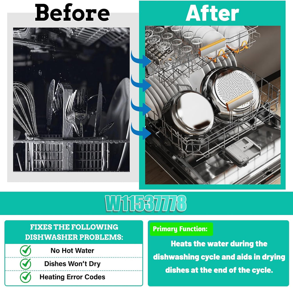 Upgraded W11537778 Dishwasher Heating Element Replacement Compatible with Whirlpool Kitchen-Aid, Maytag Dishwasher Heater Element Fit models WDPA70SAMZ1 WDT750SAKW3 KDFE104KBL0, KDFE204KPS0