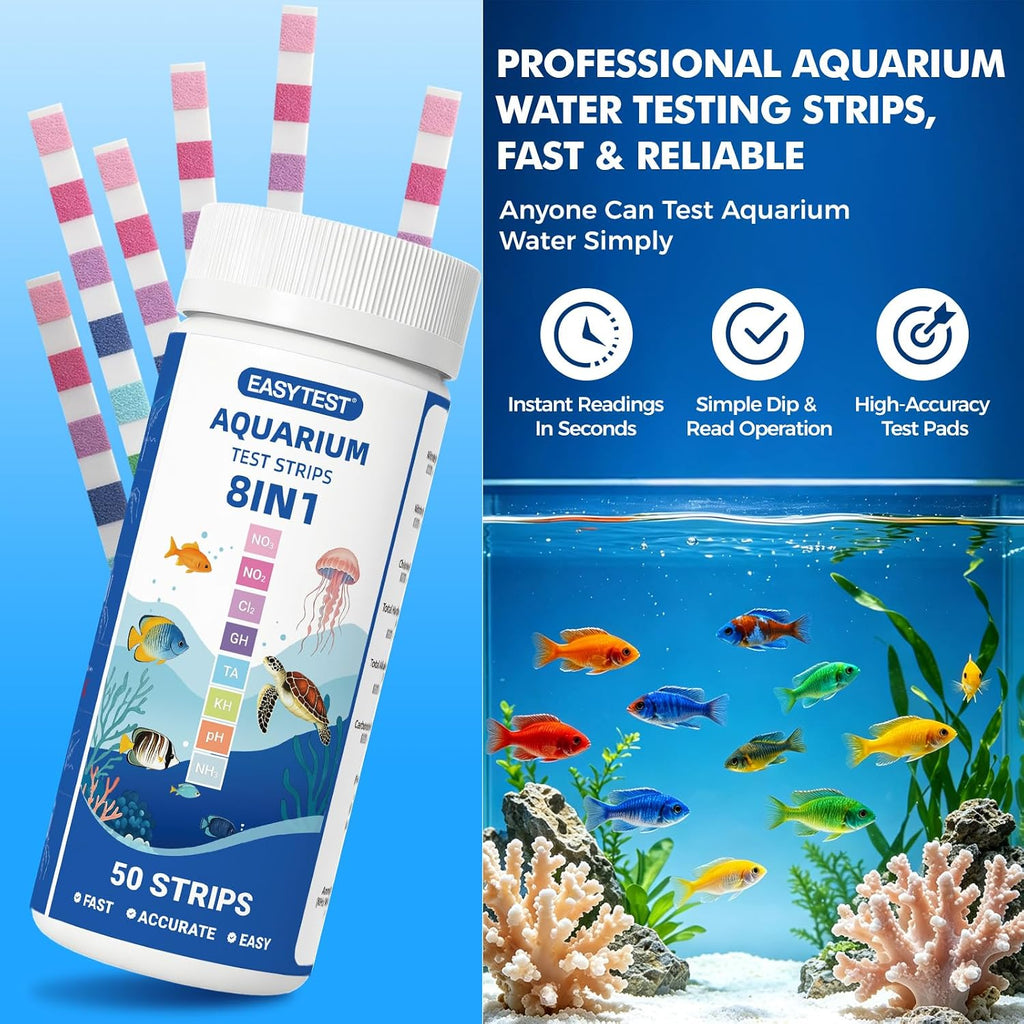 8-Way Aquarium Test Strips with Ammonia, 50PCS Fish Tank Test Kit