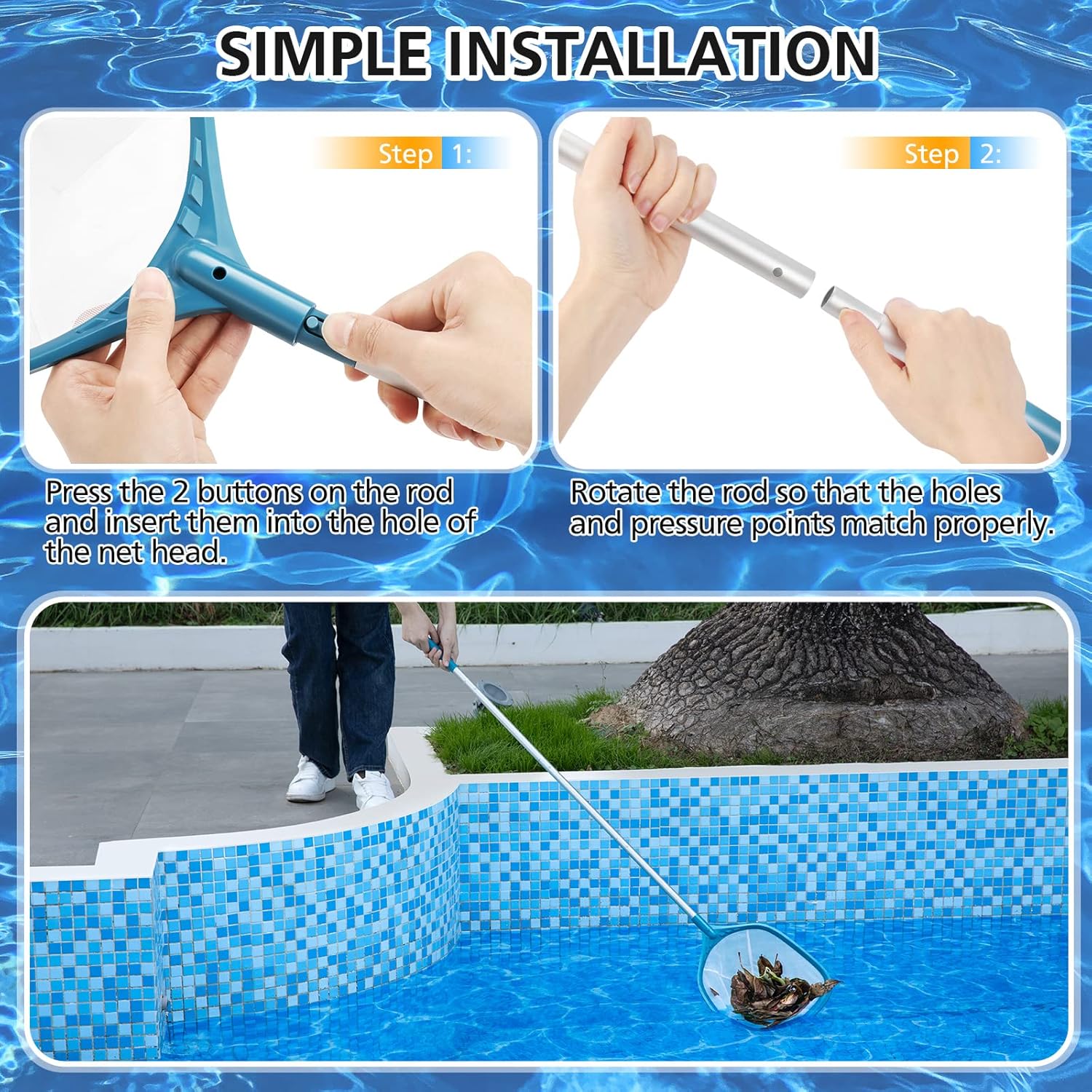 Professional Pool Skimmer Net 57 inch with 4 Aluminum Poles - Fine Mesh for Fast Debris Removal - Ideal Pool Nets for