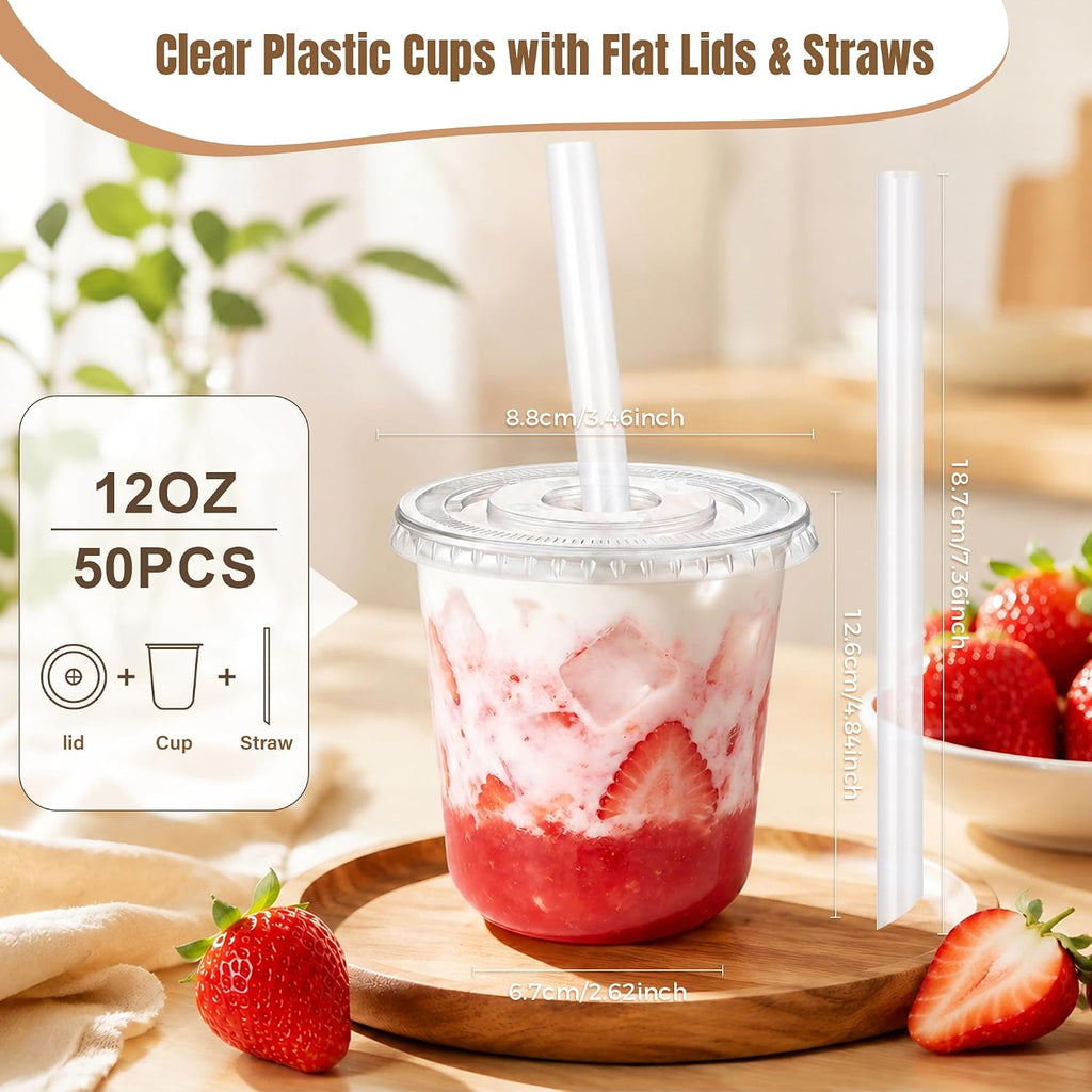 50 Pcs 12 OZ Clear Plastic Slushie Boba Cups with Lids and Straws