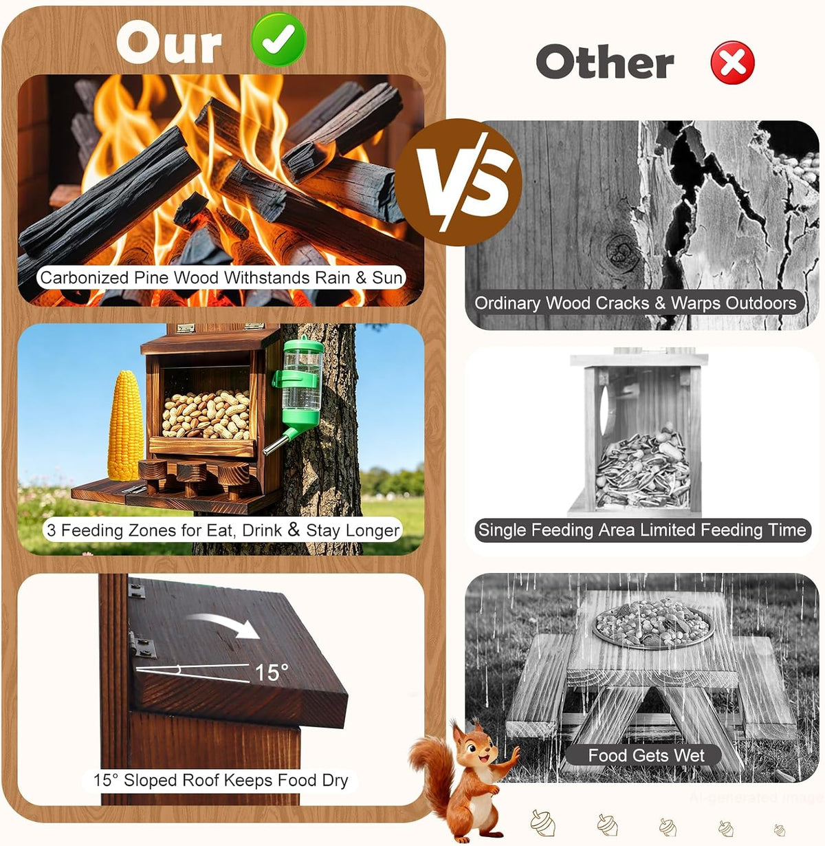 Durable Squirrel Feeder for Outside: Carbonized Pine & Protective Coating