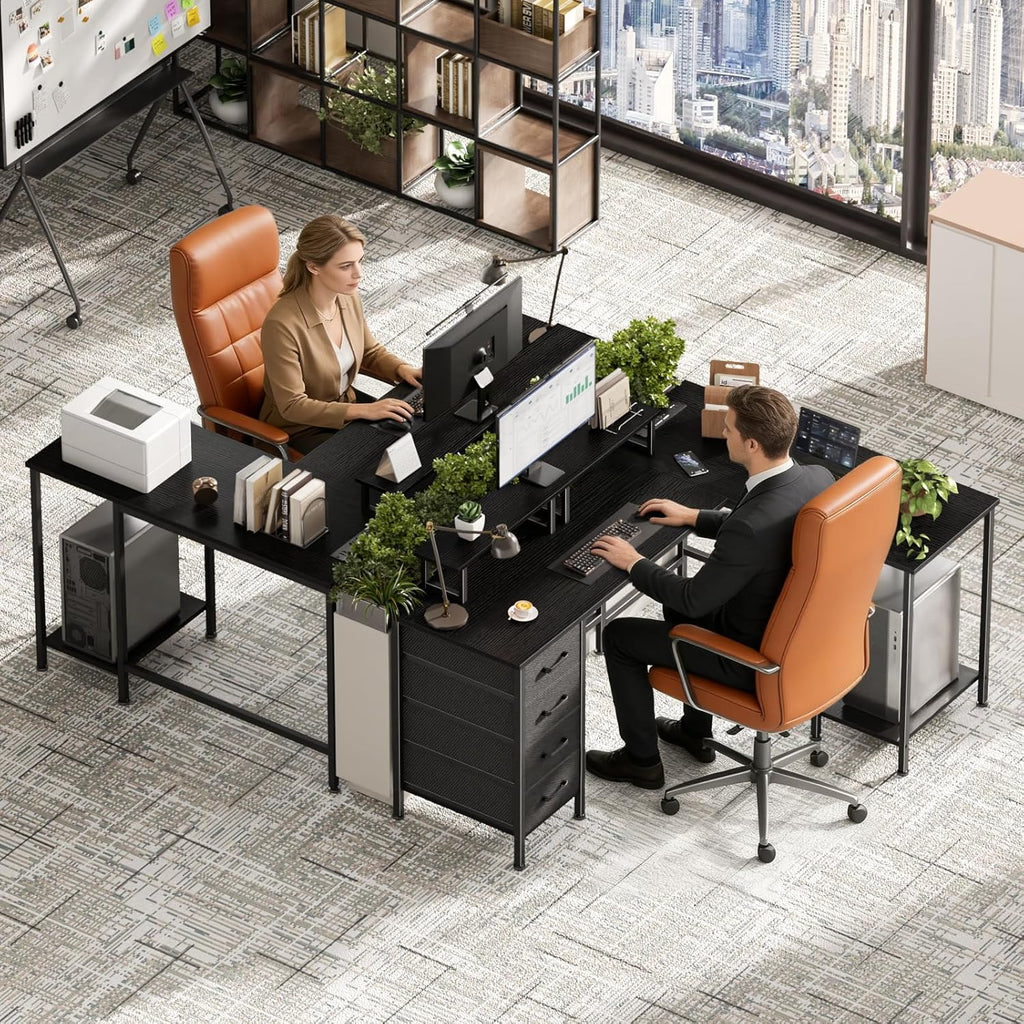59 inch L Shaped Computer Desk with Power Outlets, Home Office Desk with 4 Adjustable Storage Drawers & 2 Monitor
