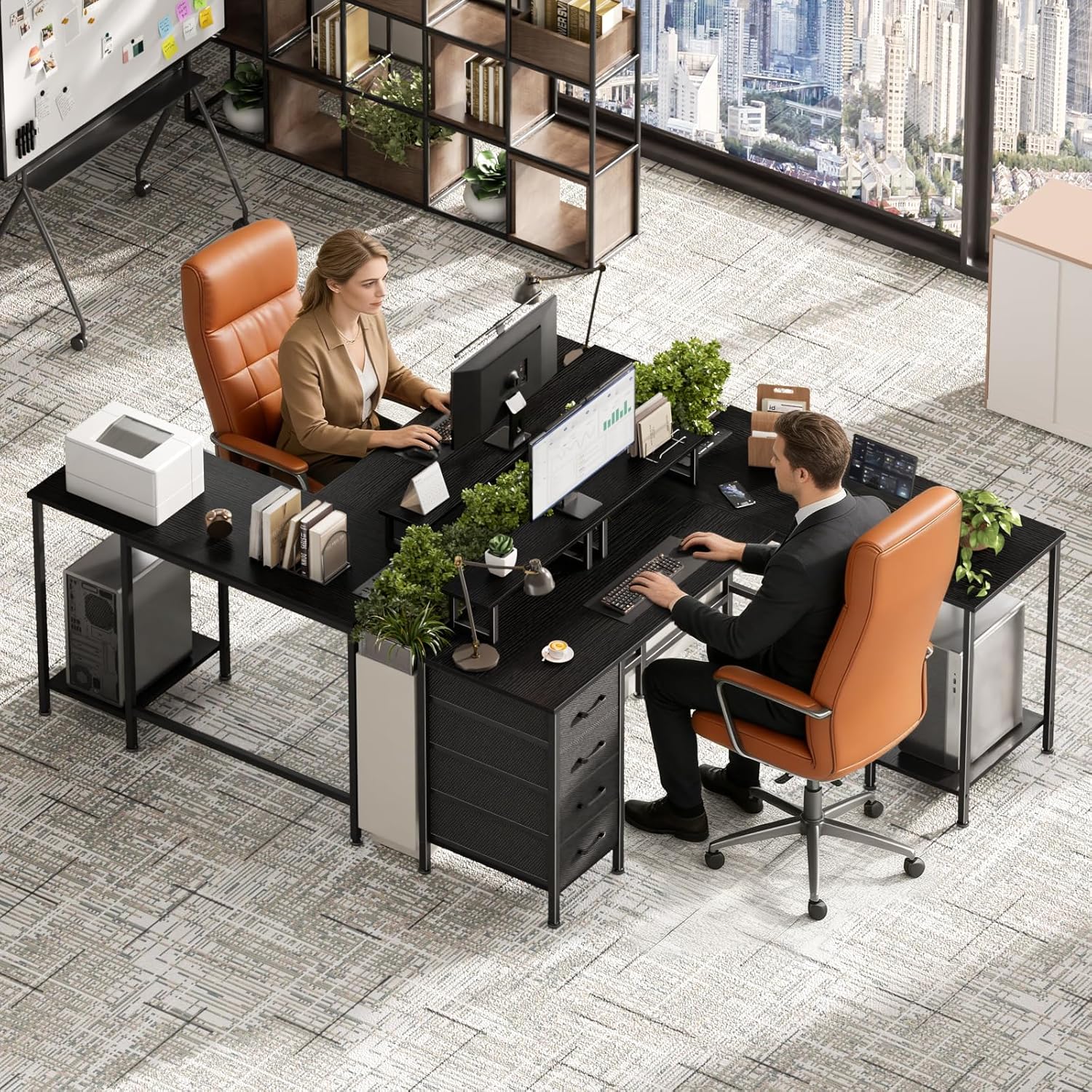 59 inch L Shaped Computer Desk with Power Outlets, Home Office Desk with 4 Adjustable Storage Drawers & 2 Monitor