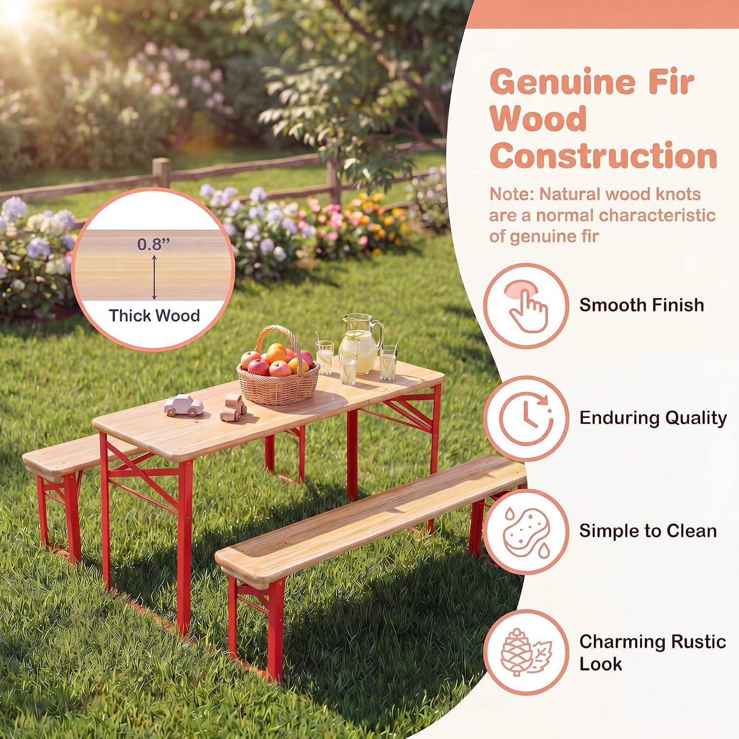 Kids Picnic Table, 43.5 Inch Folding Toddler Outdoor Table & 2 Benches, Fir Wood Top & Metal Frame, No Assembly