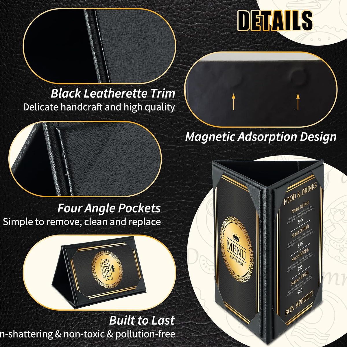 Leather Table Tent Triangle Menu Holders 4" x 6", 12 Pack 3-Side