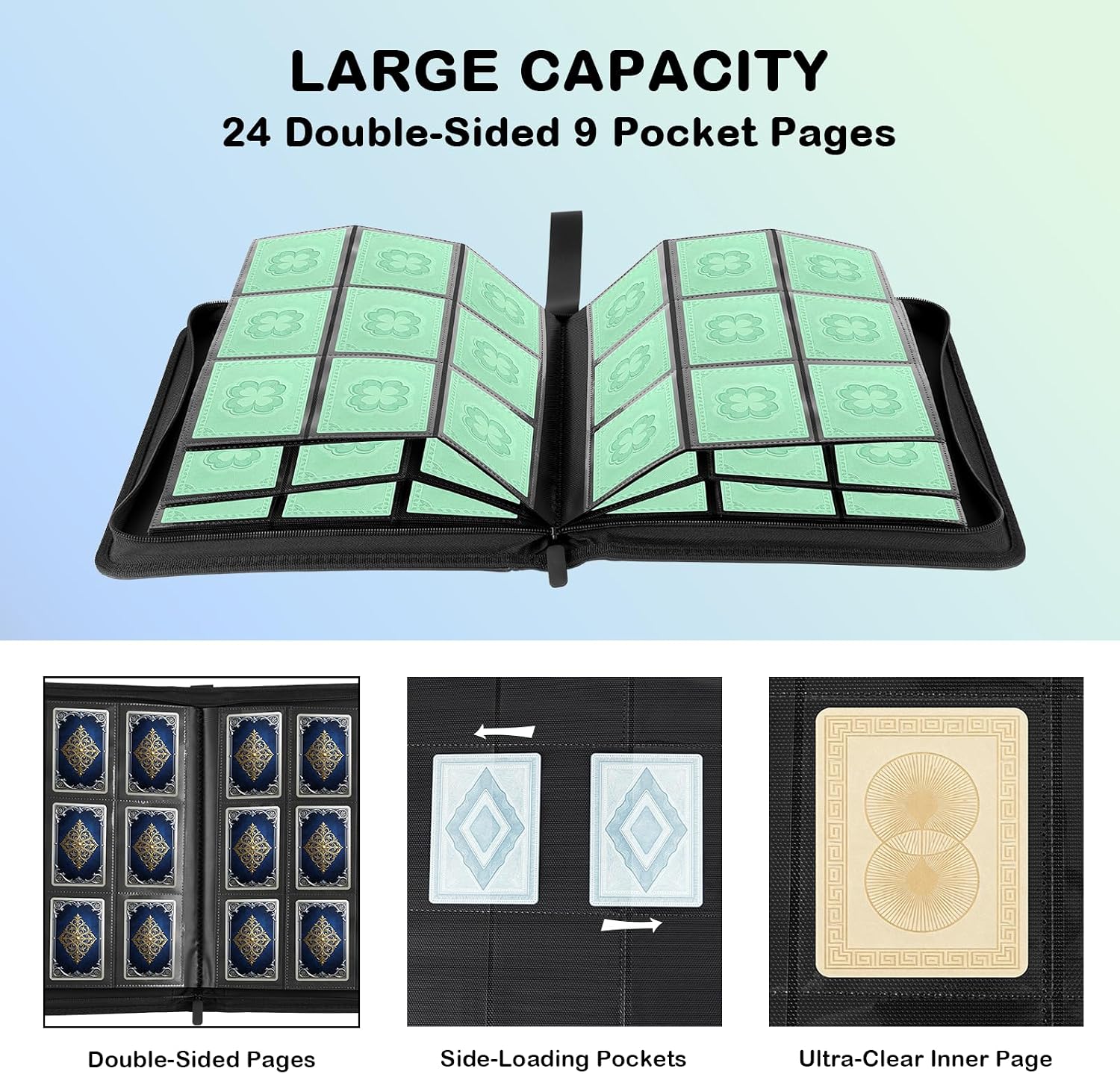 Ringless Trading Card Binder, 9 Pocket, 432 Storage Capacity, Blue | Premium Double-Sided PU Leather & Side Load