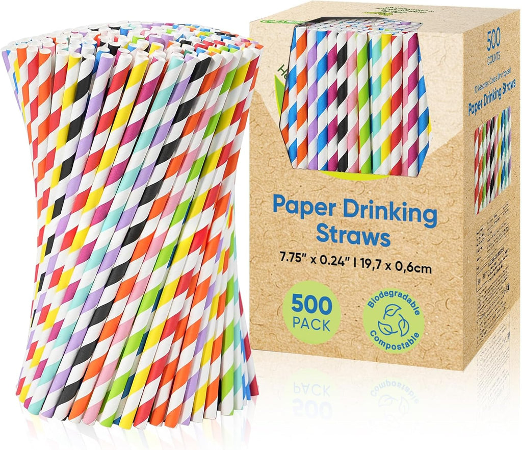 7.75" Striped Colorful Paper Straws Bulk 500ct - 10 Cute Fun Rainbow Colors
