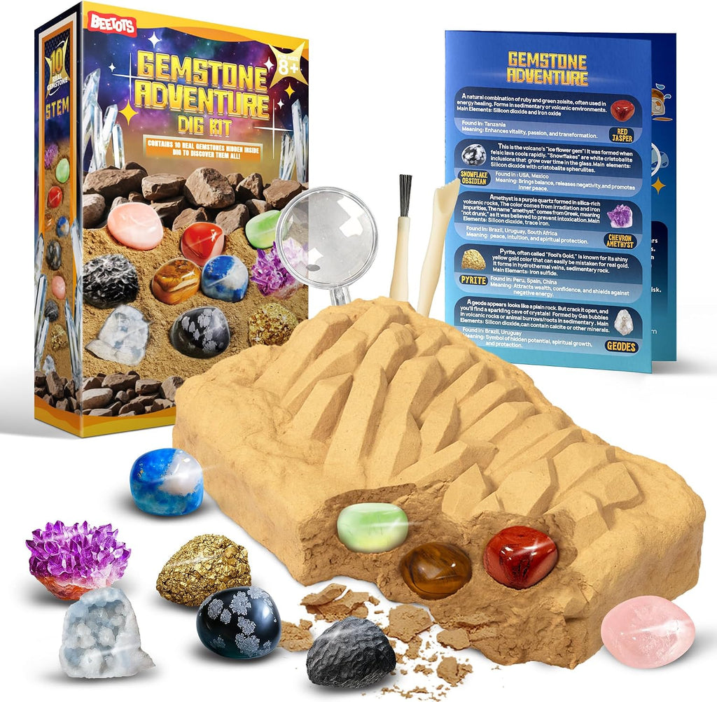 Gemstone Dig Kit for Kids with 2 Tools, 10 Real Gems Tektite | Lapis Lazuli and Tektite|STEM Science Mining