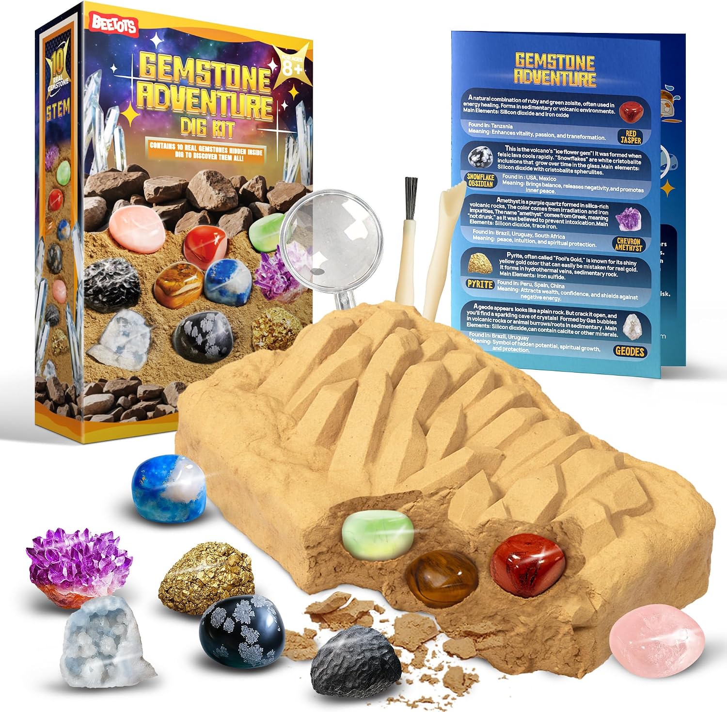 Gemstone Dig Kit for Kids with 2 Tools, 10 Real Gems Tektite | Lapis Lazuli and Tektite|STEM Science Mining