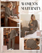 Women's Maternity 2 Piece Waffle Outfits Lounge Set Coffee M