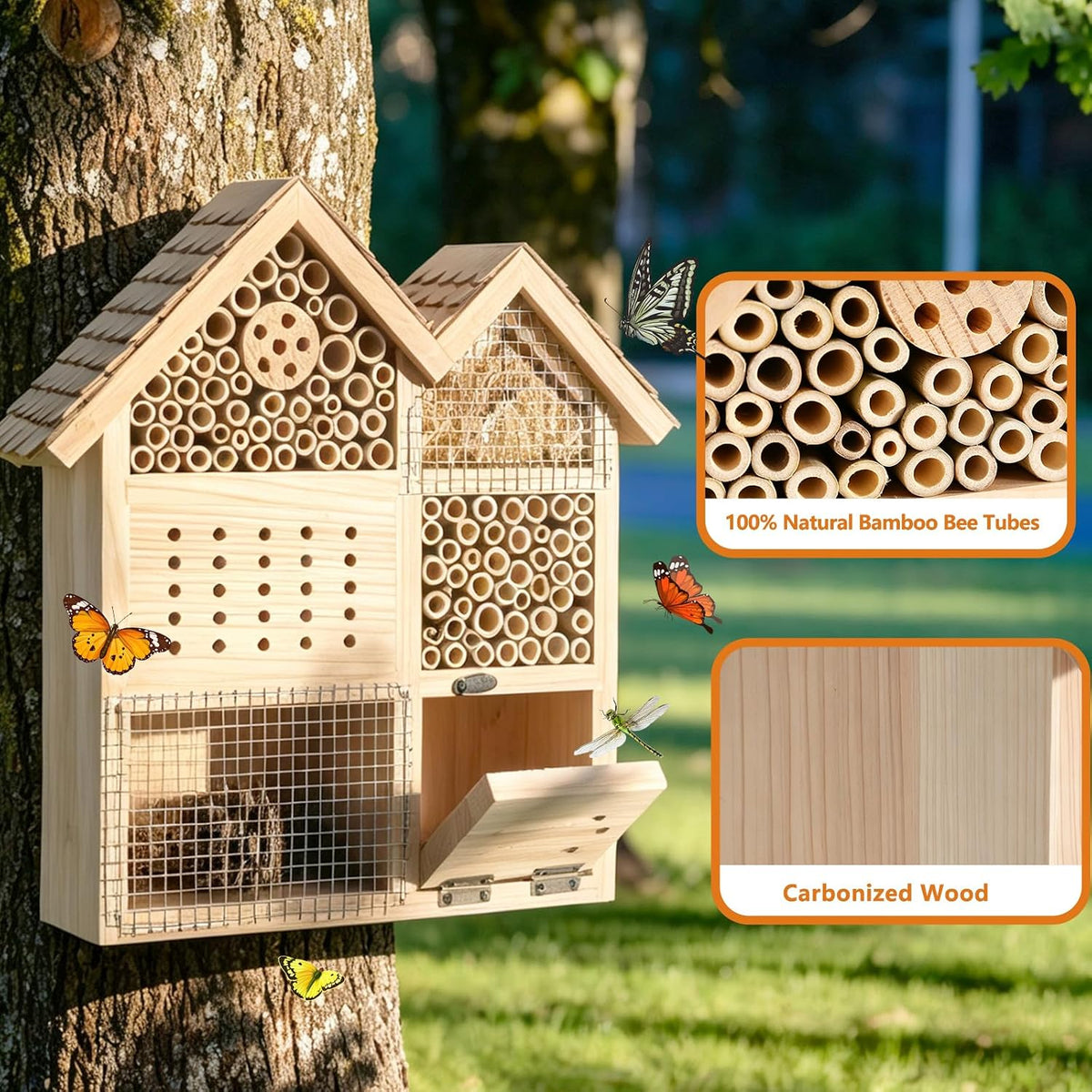 Large Wooden Insect Hotel for Outdoors - Waterproof Bee House & Butterfly Habitat with Bamboo Tubes and Pine