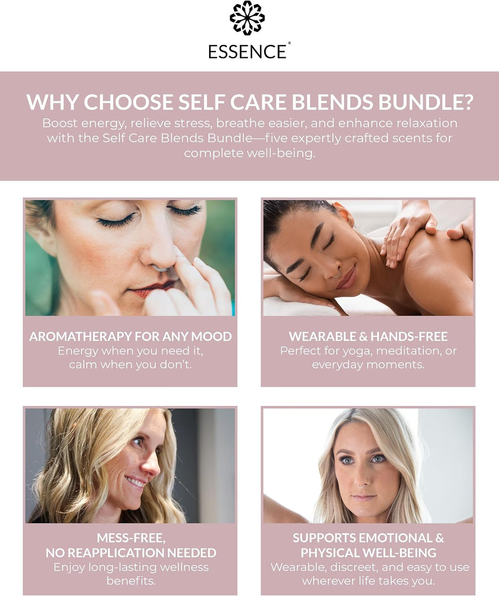 Essence Nasal Diffuser Self Care Bundle – Essential Oil Silicone Nose Rings for Stress, Energy & Mental Clarity –
