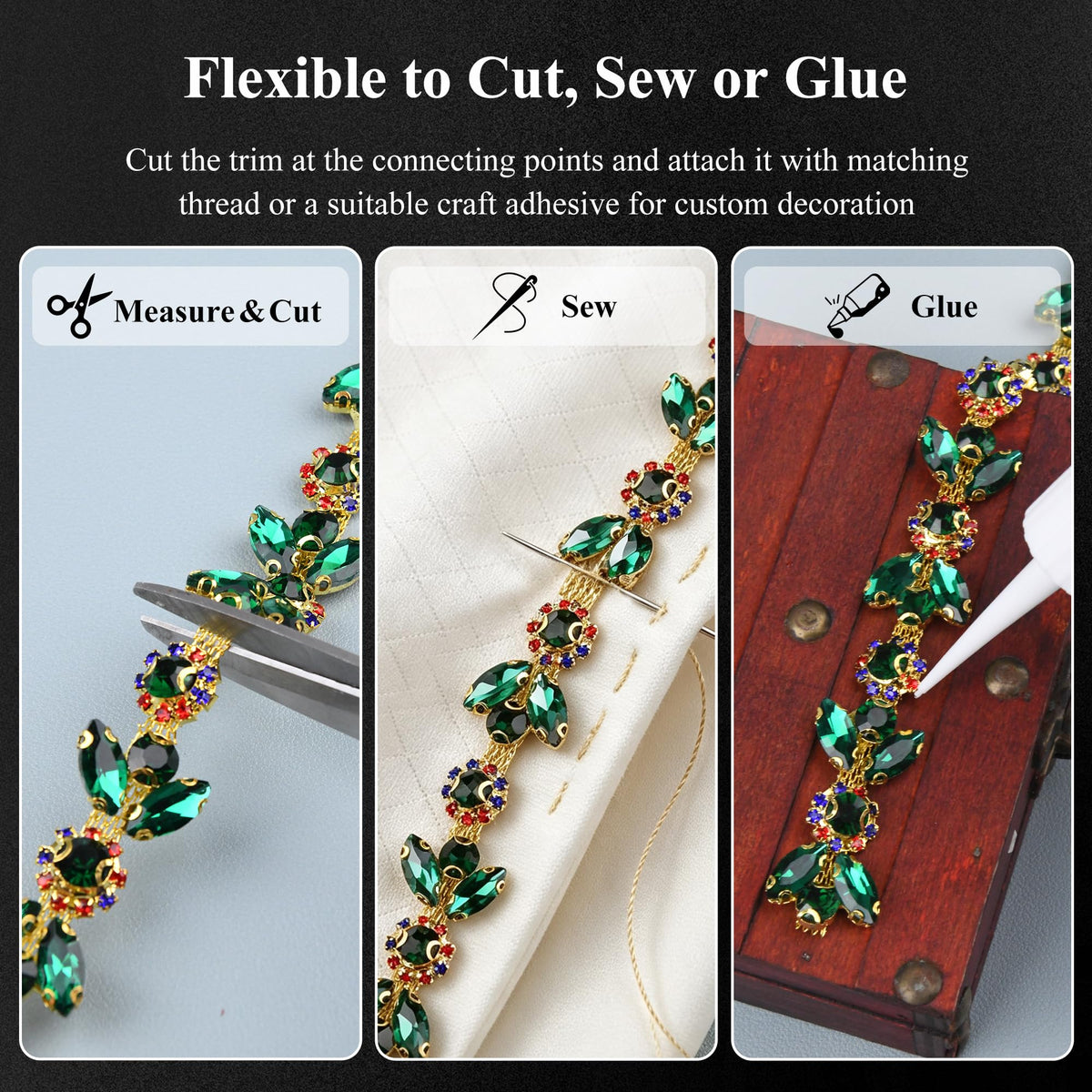 1 Yard Rhinestone Trim Chain, Gold AB Floral Applique for Dresses