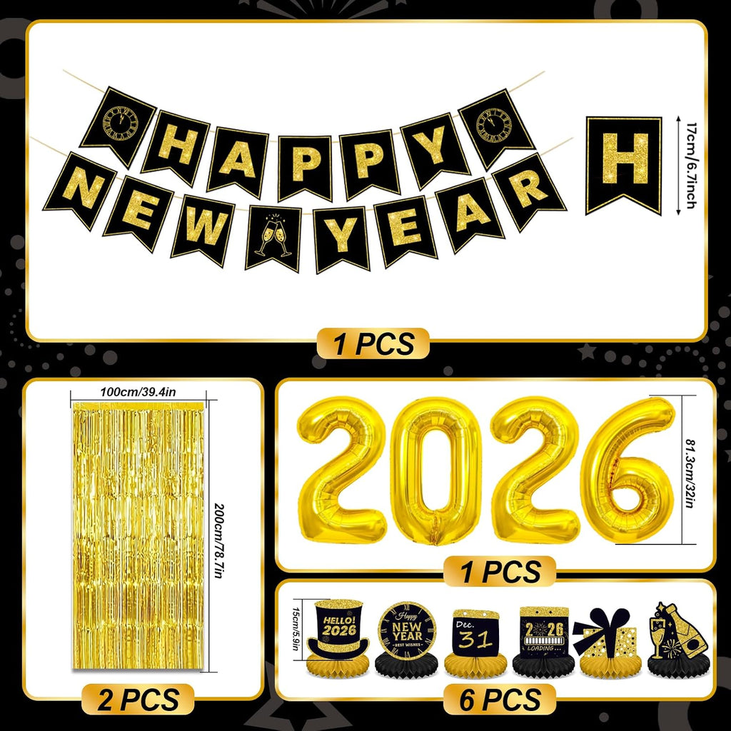 New Years Eve Party Supplies 2026 for 12, New Years Eve Party Decorations, 6 Hat, 6 Glasses, 12 blowouts, 6 Table