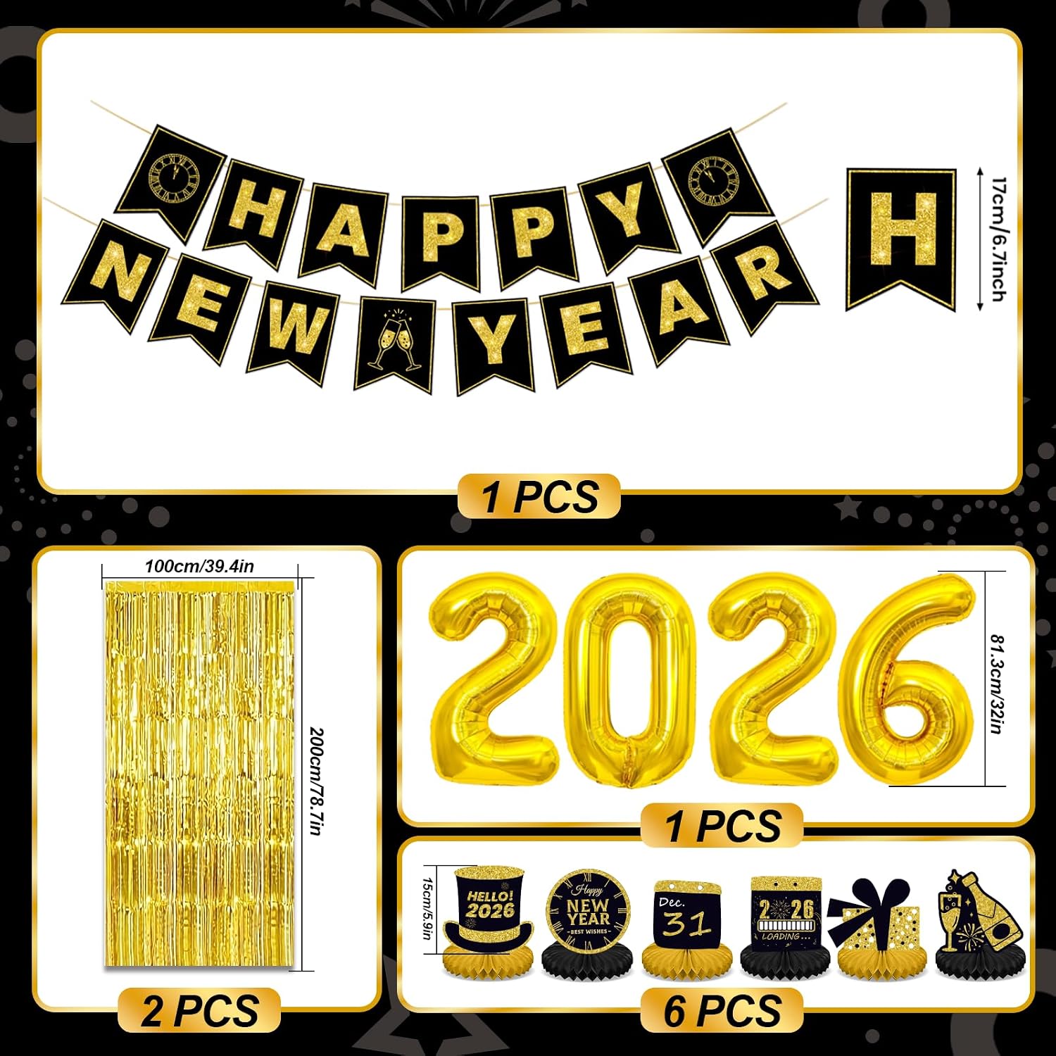 New Years Eve Party Supplies 2026 for 12, New Years Eve Party Decorations, 6 Hat, 6 Glasses, 12 blowouts, 6 Table