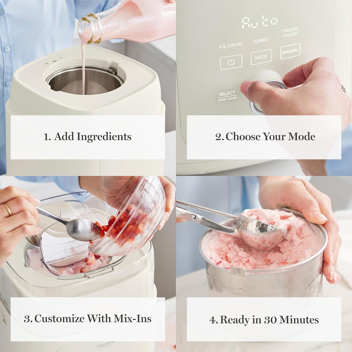 Ice Cream Maker Machine, 1QT Fully Automatic, 3 Modes, Linen