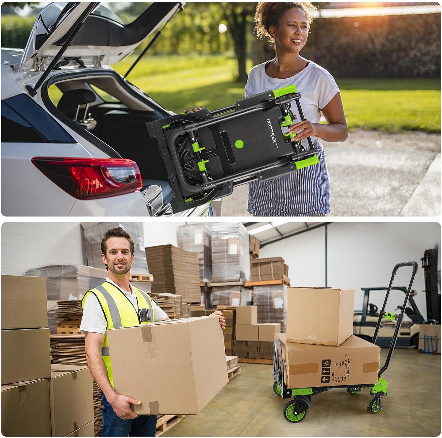 Folding Hand Truck Dolly, 330lb Convertible 4 to 2 Wheel Moving Cart, Green | Dolly Cart with Retractable, Aluminum
