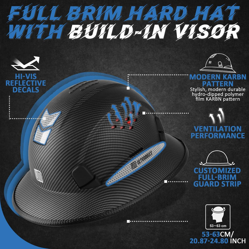 Full Brim Hard Hat with Built-in Visor, ANSI Z89.1 OSHA Approved Construction Safety Helmet with Chin Strap for Men