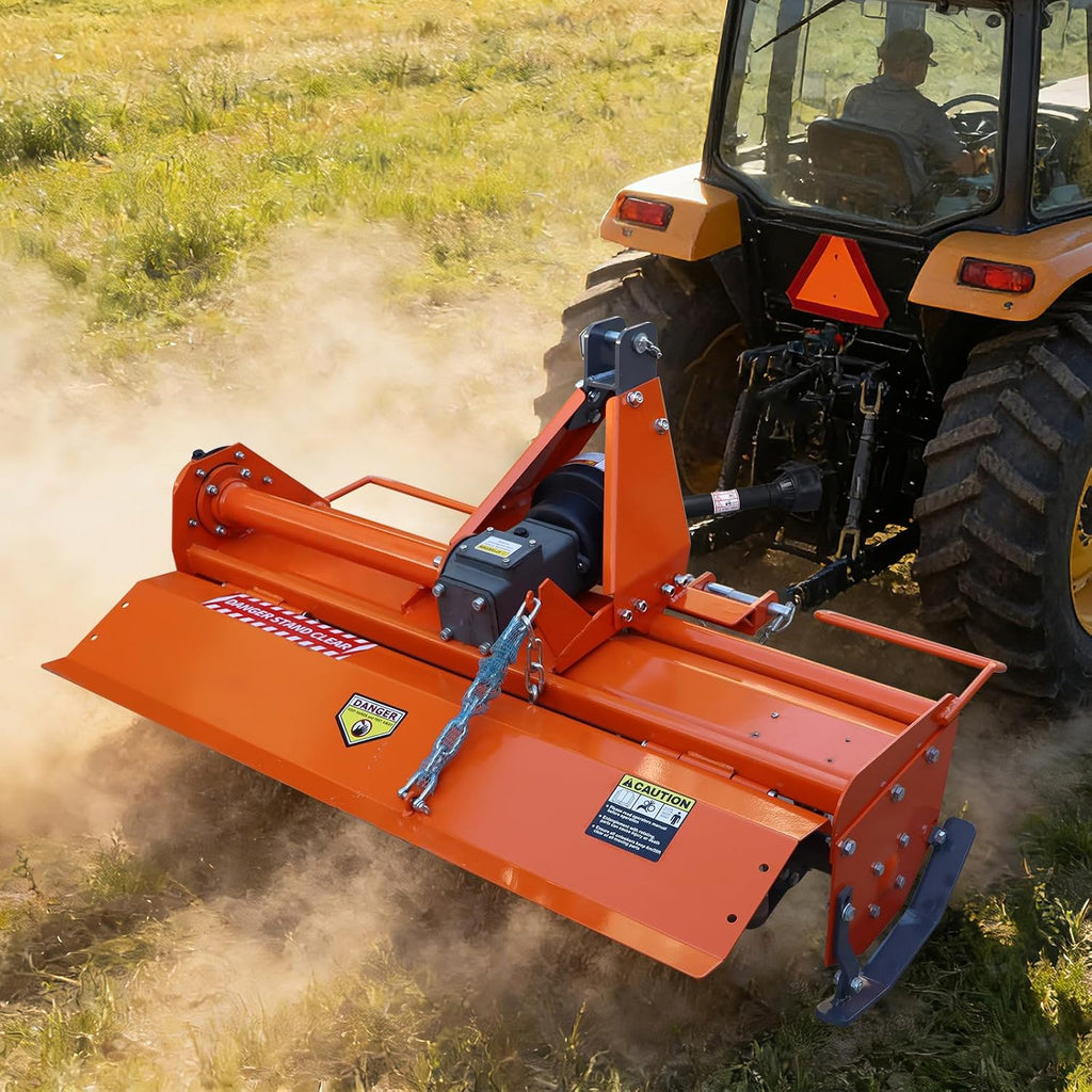53'' 3 Point Rotary Tiller Attachment, 540 RPM Gearbox, Replaceable L-Shaped Tines, 3/4/5" Adjustable Tilling Deep