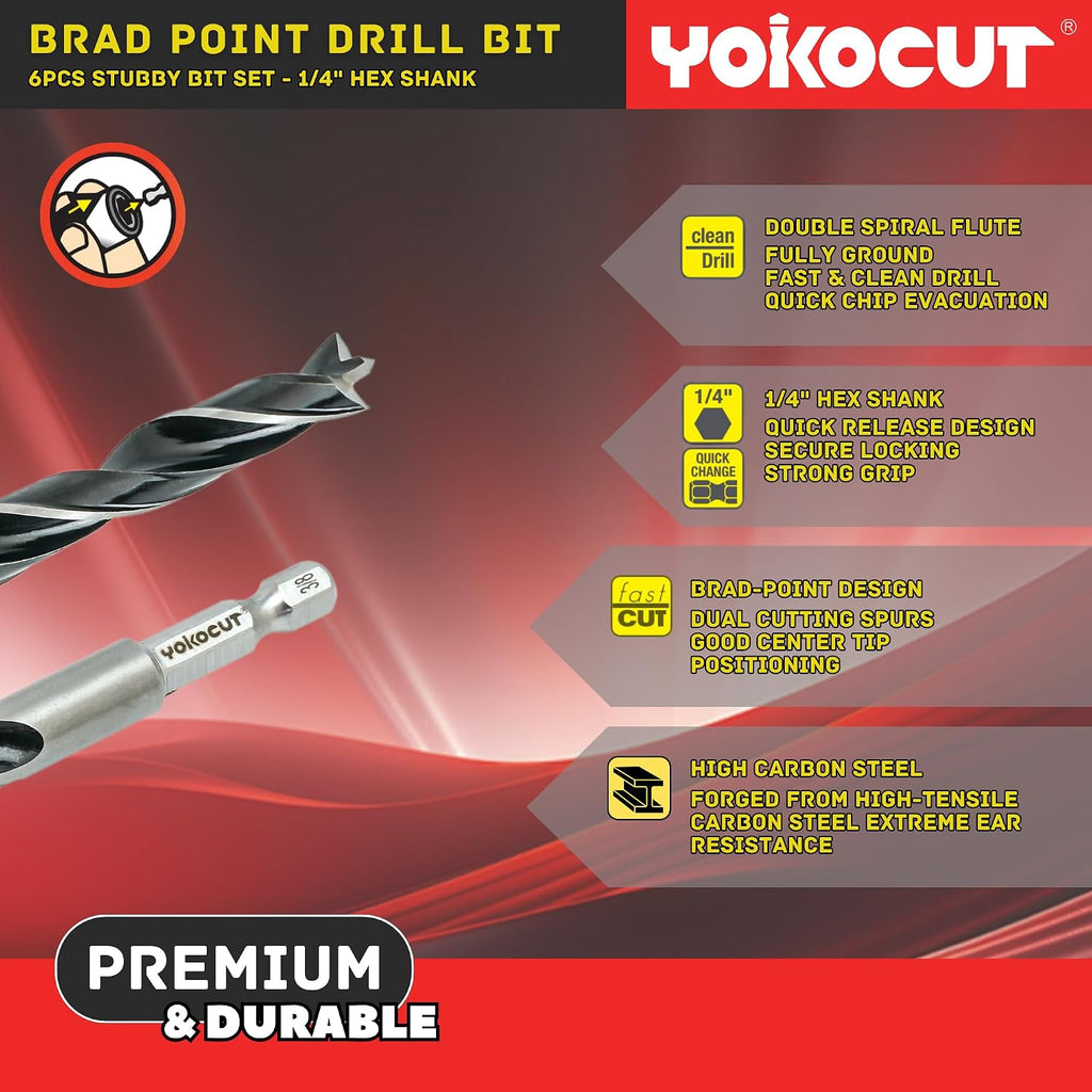 Brad Point Drill Bits Set, 13pcs for Woodworking, 1/4" Hex Shank 1/8" to 1/2" Wood Drill Bits for Hardwood, Plywood