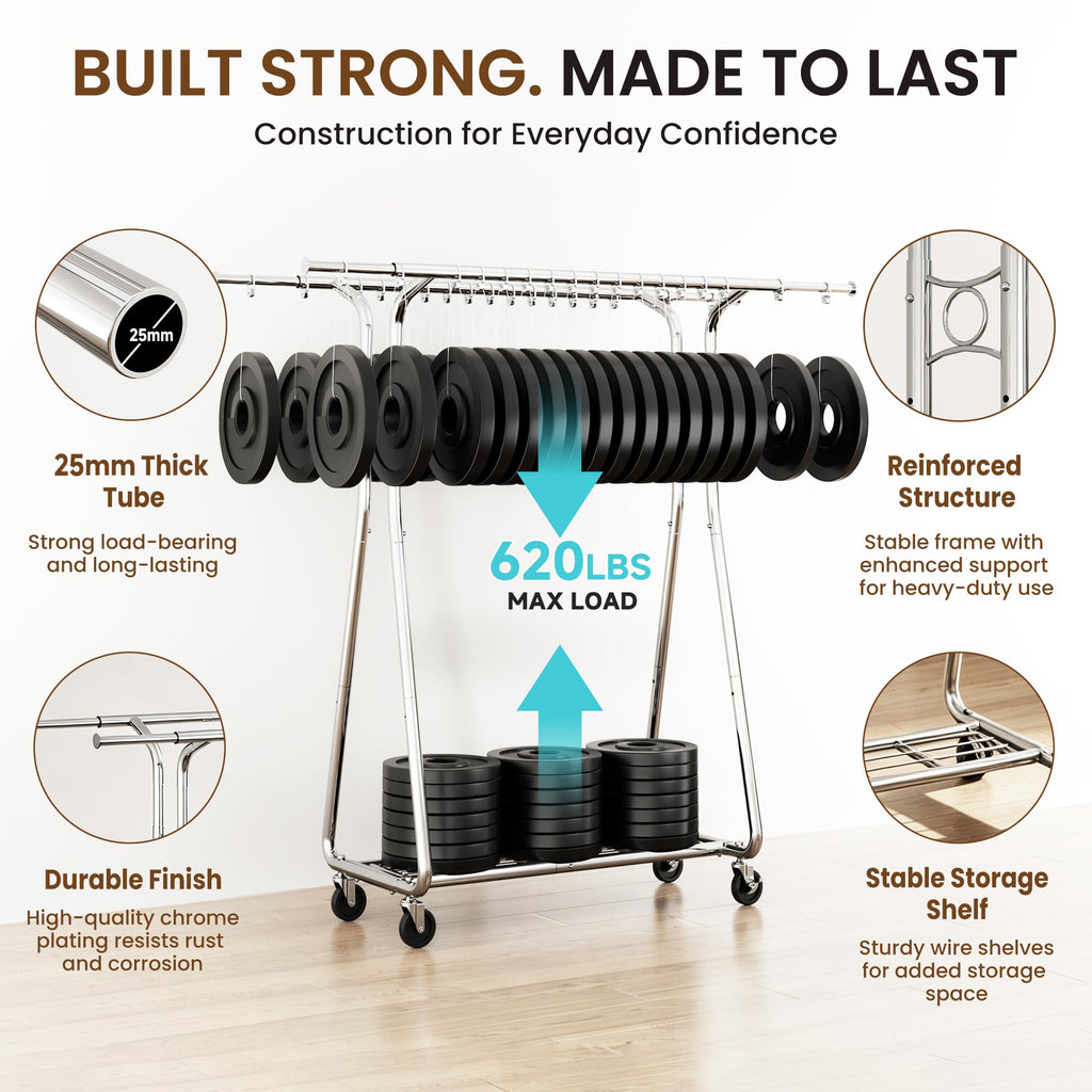 620 Lbs Heavy Duty Rolling Clothes Rack, Double Rail