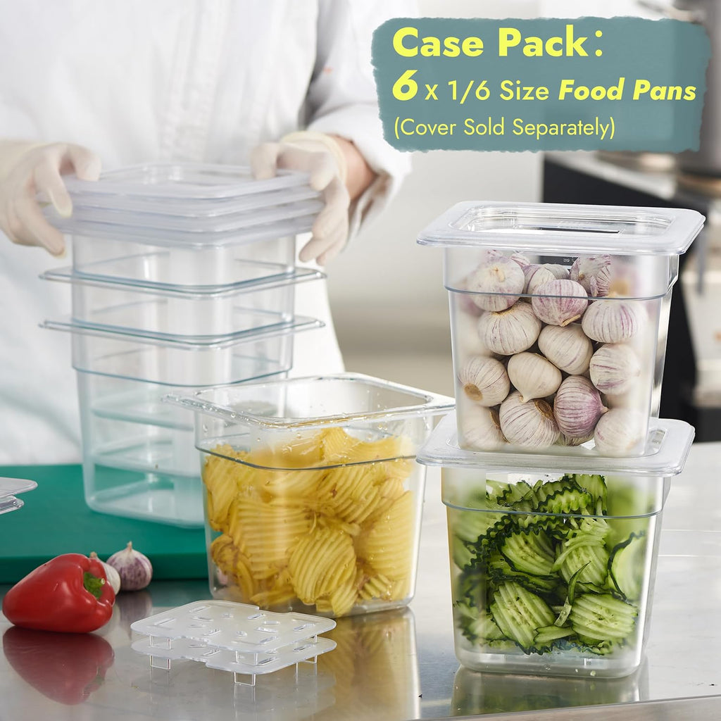 6-Pack 1/6 Size 6" Deep NSF Polycarbonate Food Pans | Dishwasher & Freezer Safe Clear Container for Prep Tables