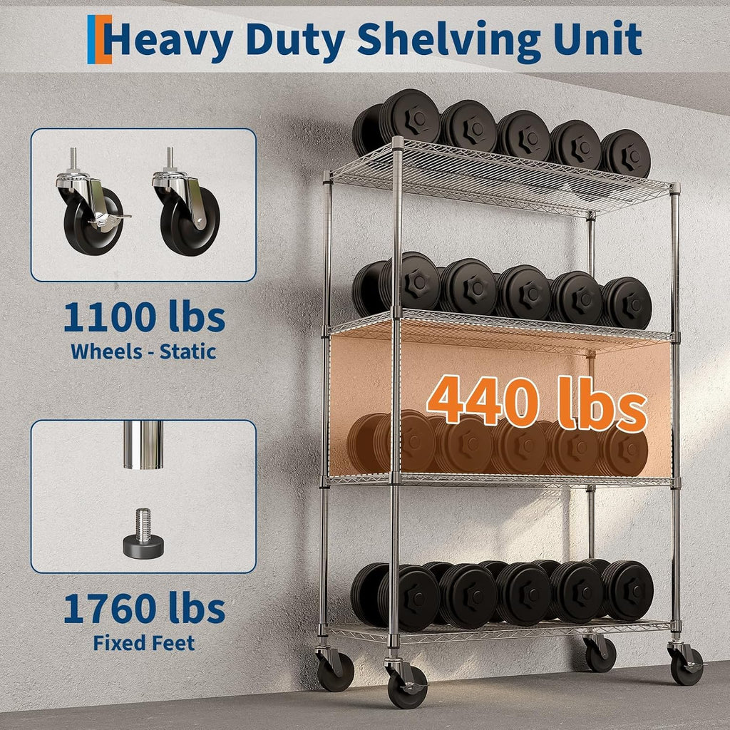NSF Metal Shelving with Wheels, 4-Tier/1800LBS, 71"H Storage Shelves