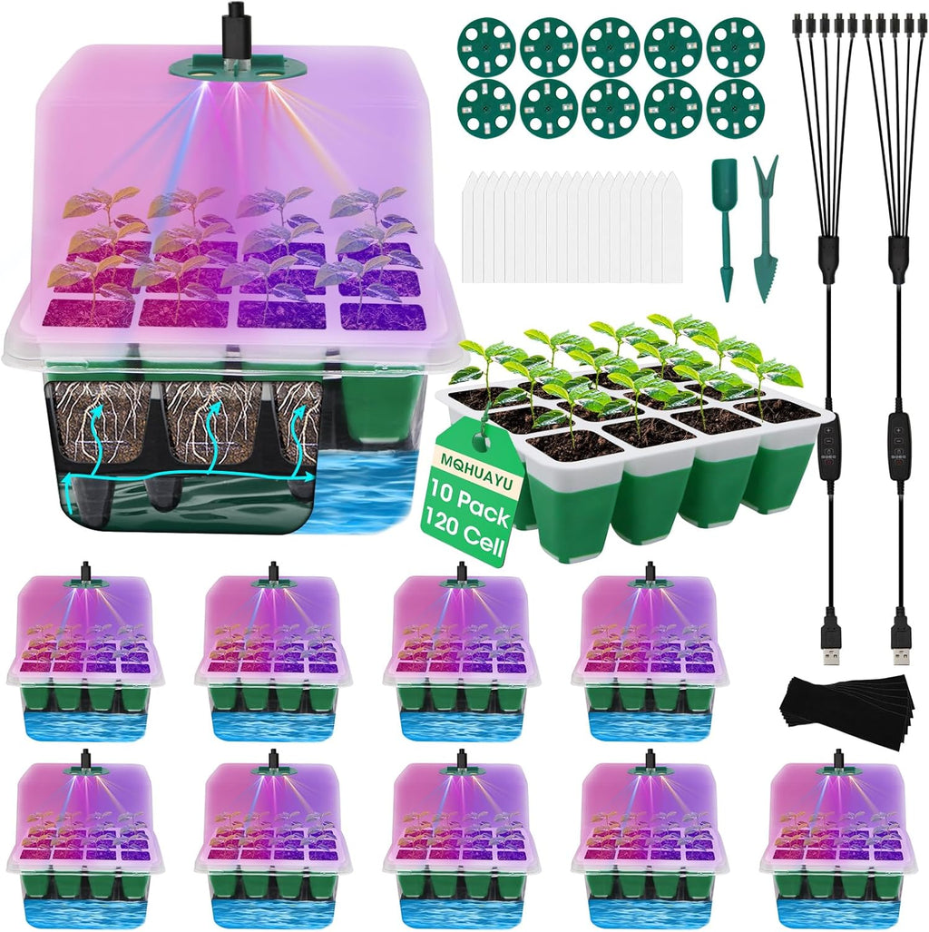 Self Watering Seed Starter Tray with Grow Light, 10-Pack 120-Cell Reusable Seed Starter Kit with Soft Silicone, Plant