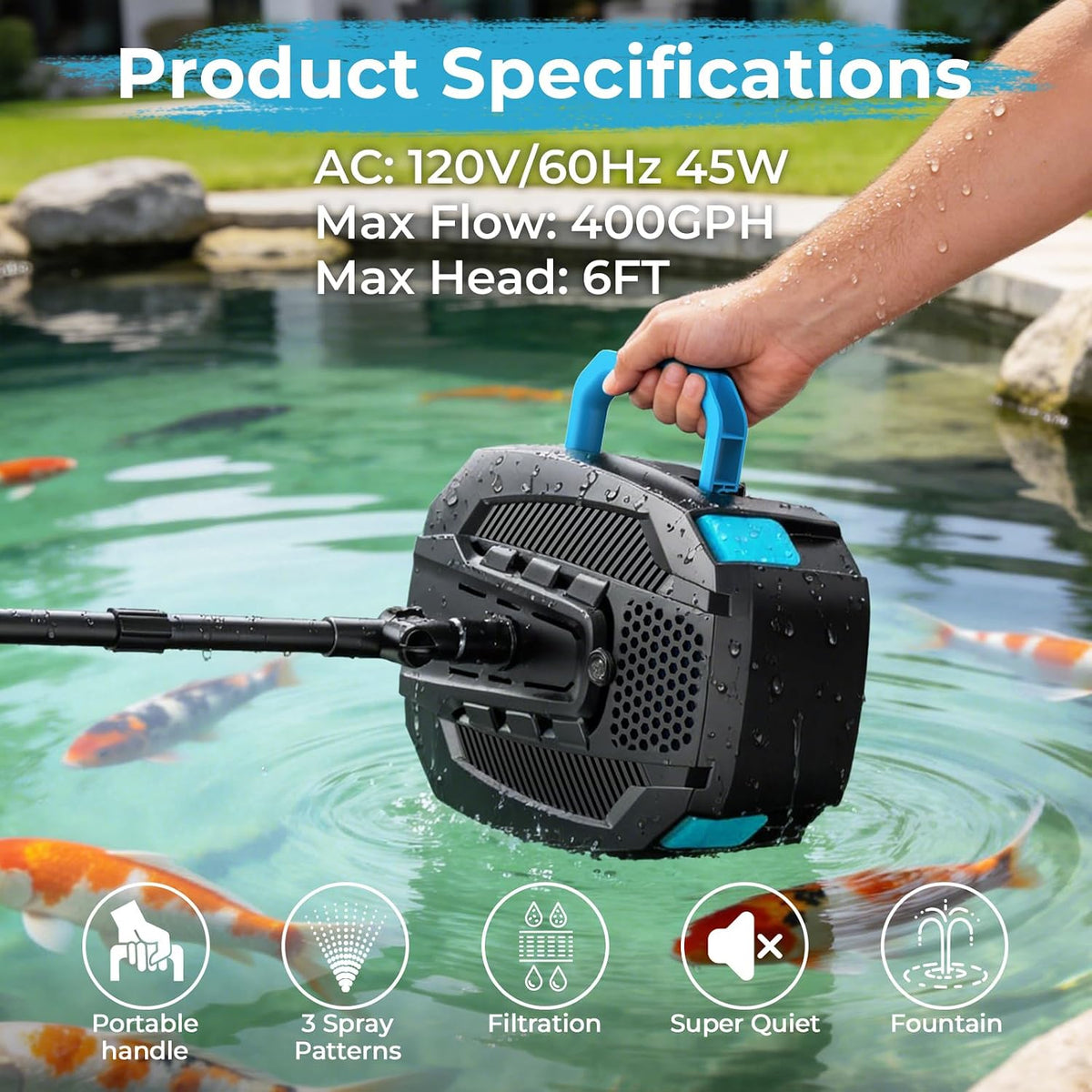 400GPH All-in-1 Pond Pump and Filter Kit for Pond 100 to 400 Gallons